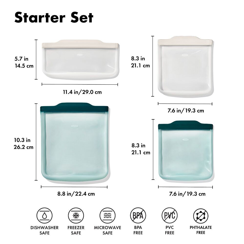 Silicone Reusable Bag - 4 Piece Starter Set - Oat/Lagoon K9